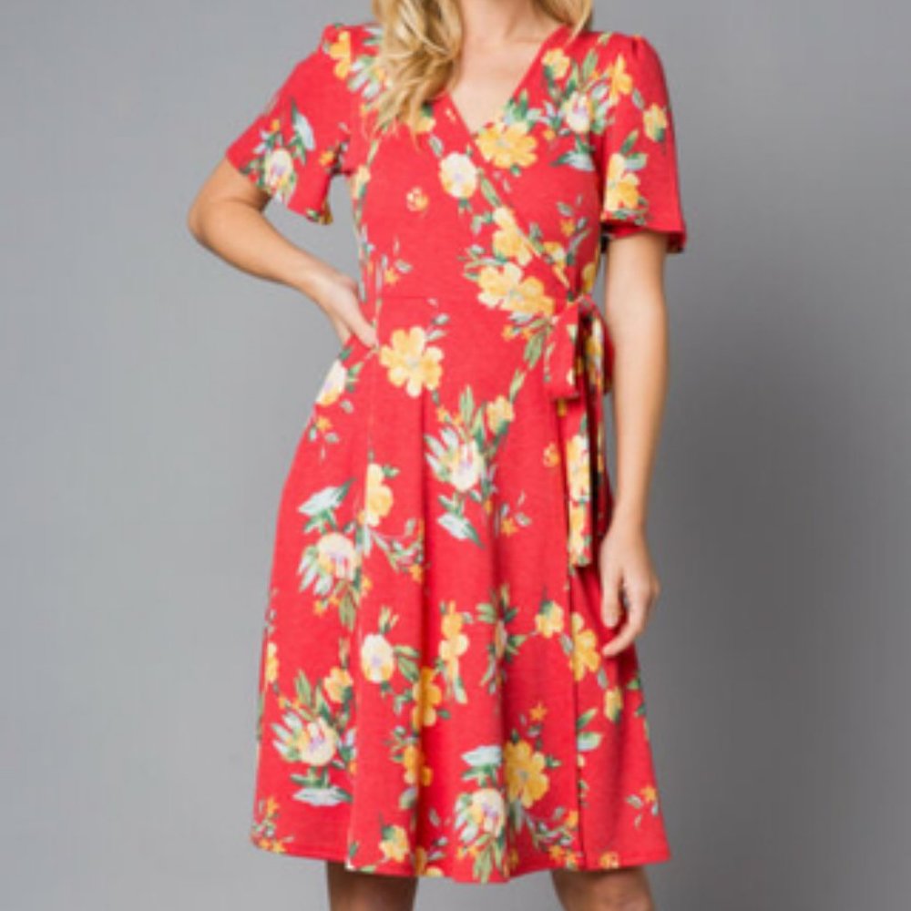 (2X) Short Sleeve Wrap Dress